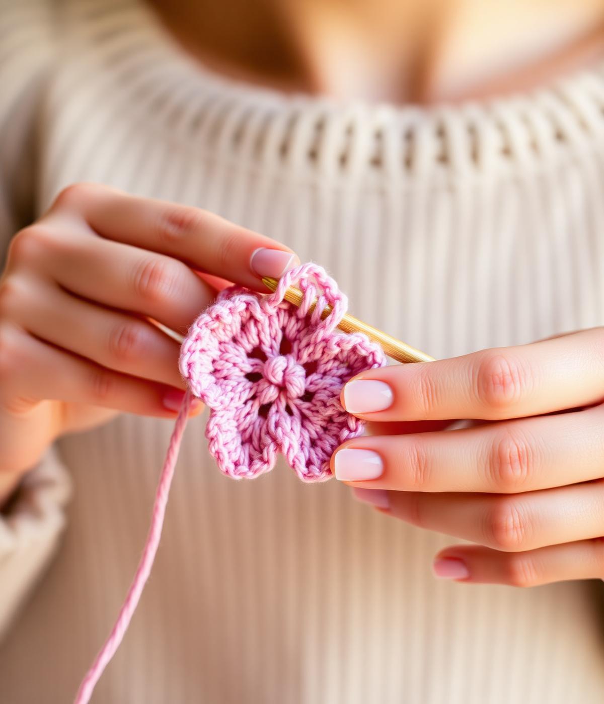 Hands crocheting a pink flower
