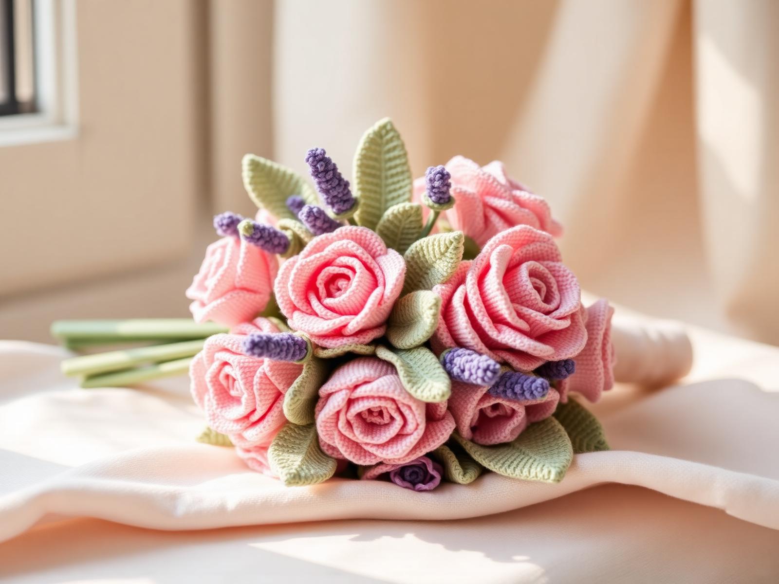 Handcrafted crochet bouquet of blush roses and lavender